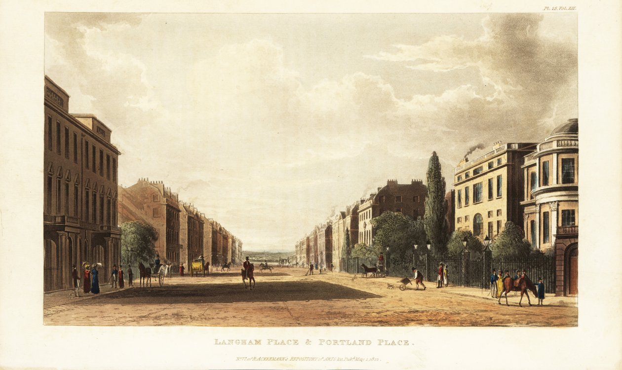 Langham Place e Portland Place, continuação para norte de Regent Street (A4201 Road), Londres de British School