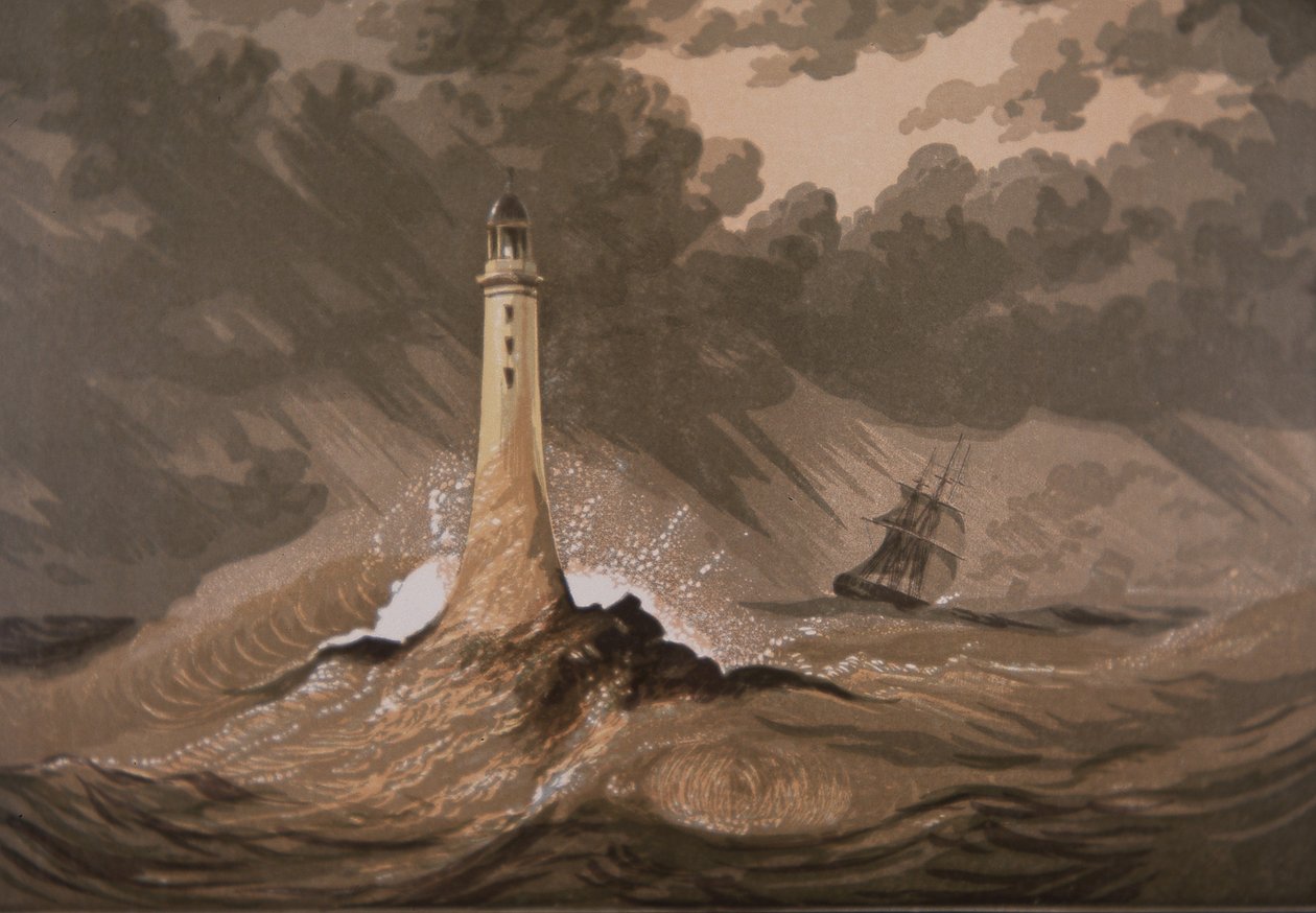 Farol avisa navios de rochas em tempestade no mar (lito a cores) de British School