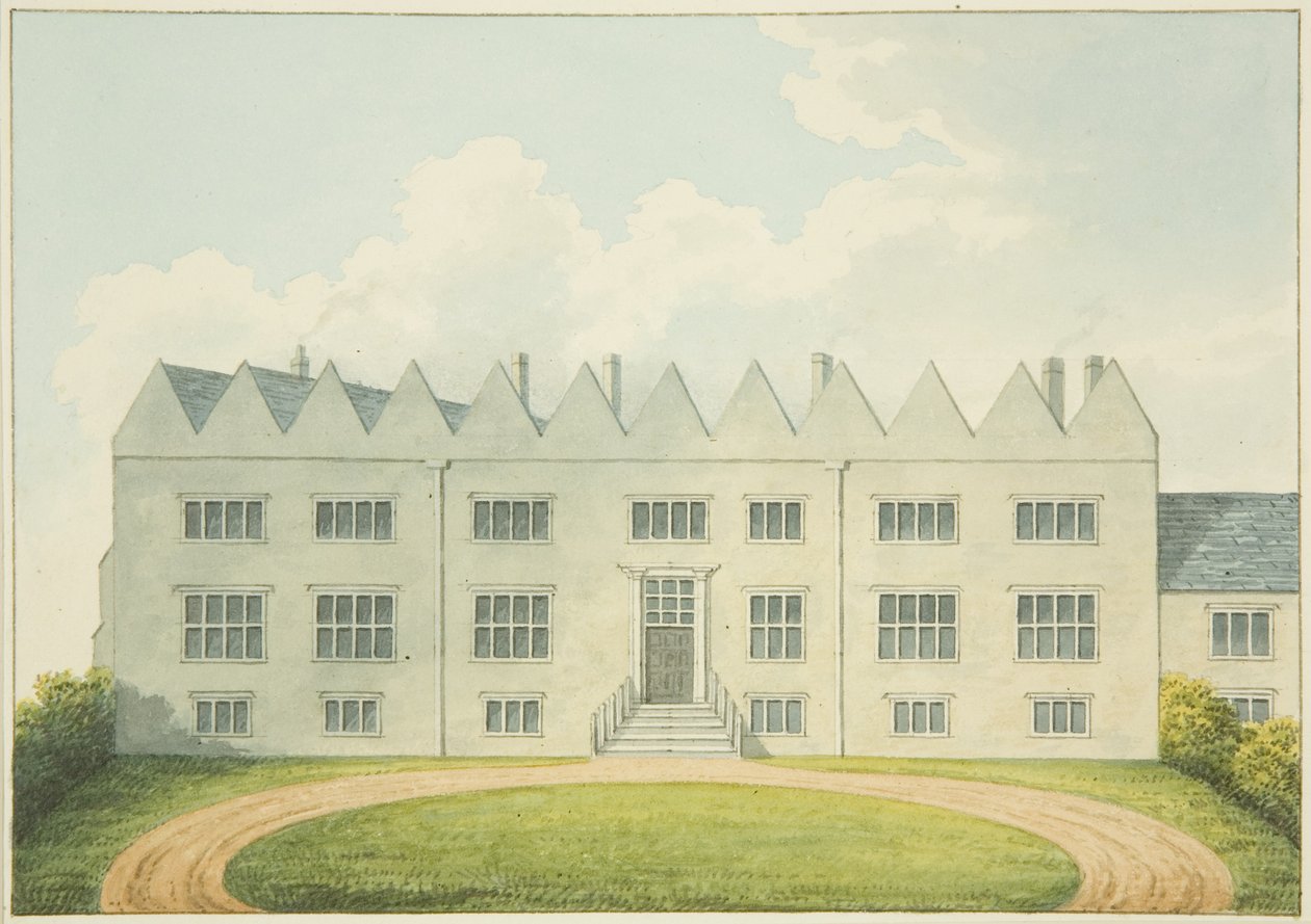 Fachada principal da Leigh House dos Abades, onde Carlos II se refugiou após a Batalha de Worcester (lápis e aguarela sobre papel) de British School