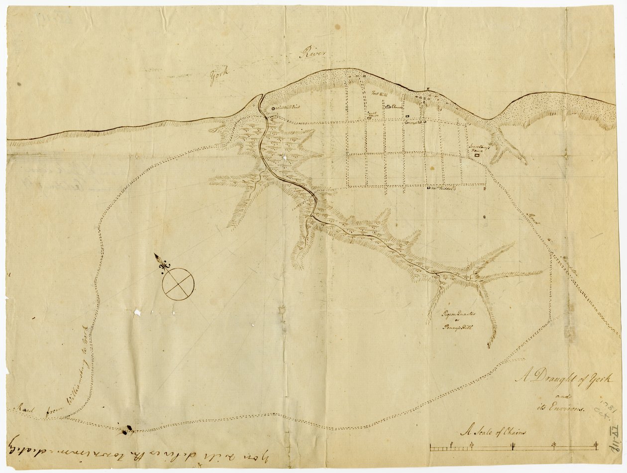 Mapa de Yorktown, Virginia, outubro de 1781 de British School