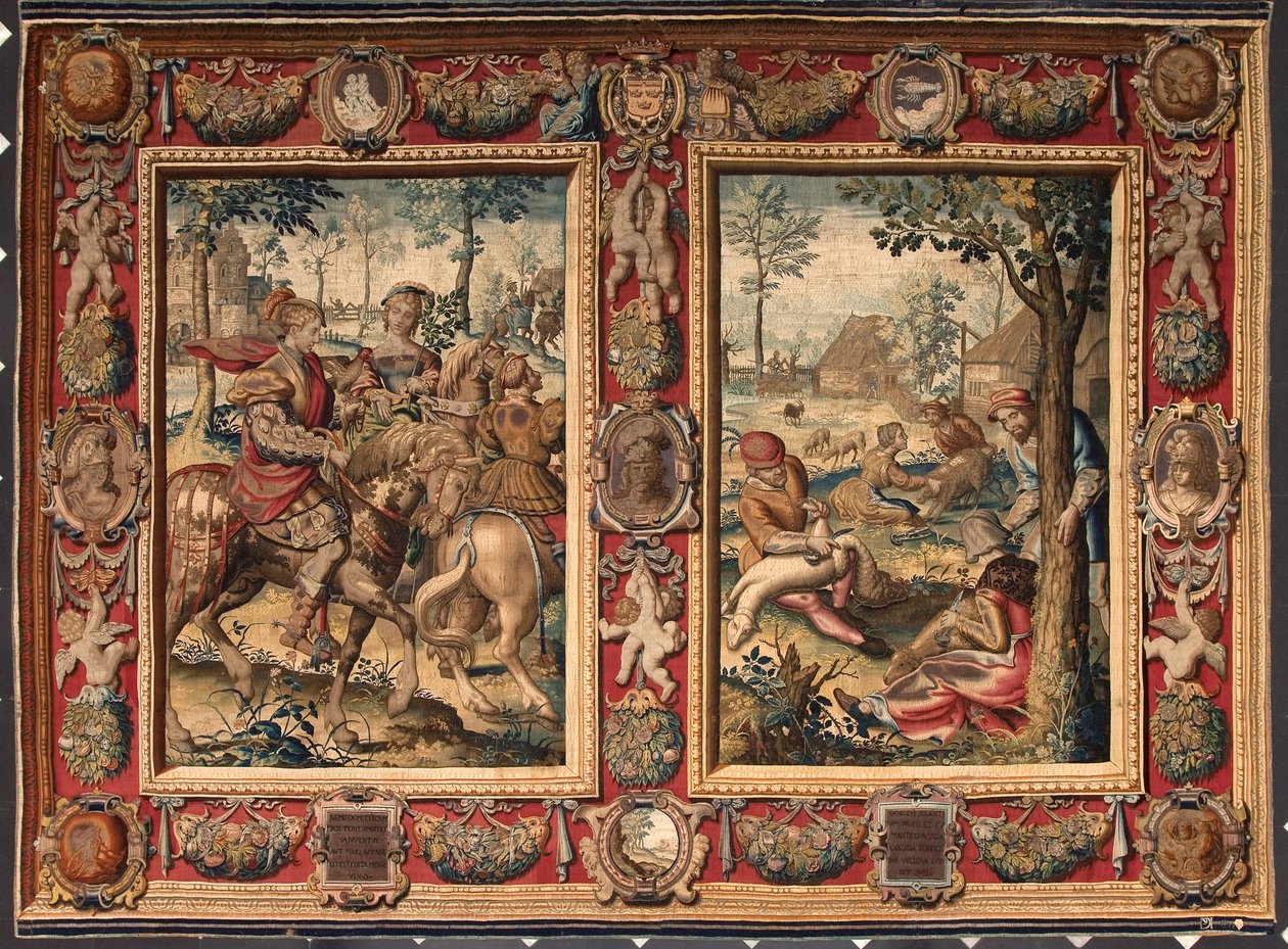 Mês de maio e junho: "caça e ceifa de ovelhas" Tapeçaria das manufacturas de Mortlake. Século XVII Genes, Musei di Strada Nuova de British School