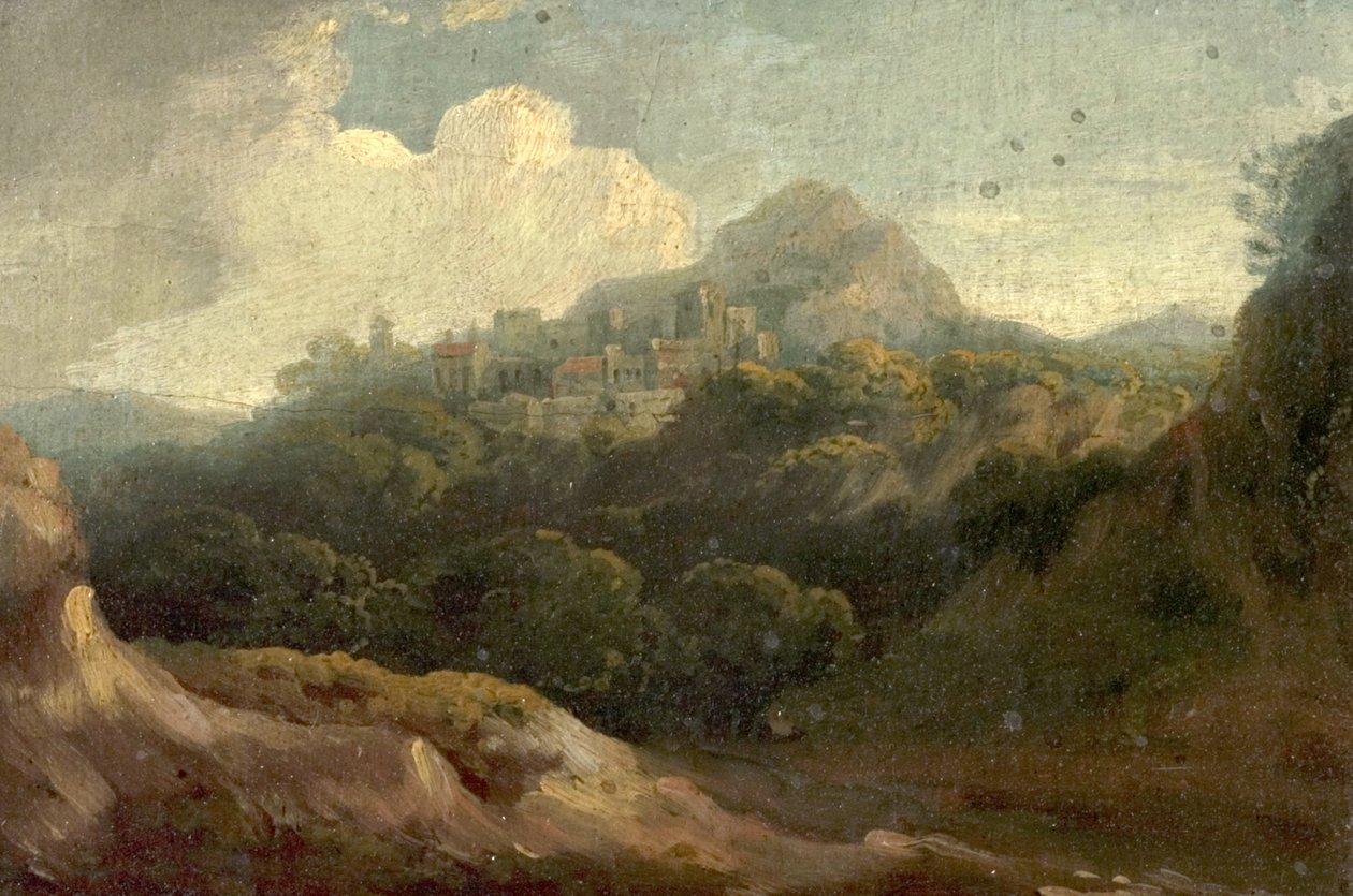 Paisagem montanhosa, Manhã (óleo sobre madeira) de British School