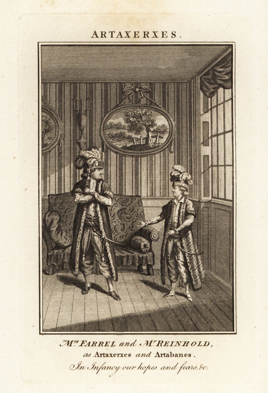 Sra. Margaret Farrel e Sr. Charles Frederick Reinhold em traje persa como Artaxerxes e Artabanes na ópera de Thomas Arnes Artaxerxes de British School