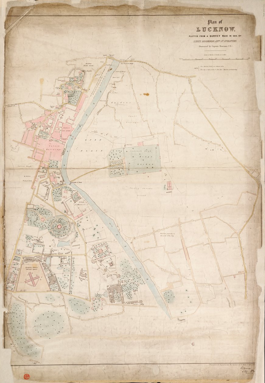 Plano de Lucknow, traçado a partir de um levantamento efectuado em 1856, pelo Tenente Moorsom, 52º. Tenente de Infantaria. (Apresentado pelo Capitão Moorsom, C.E.), c.1856 (seda, papel) de British School