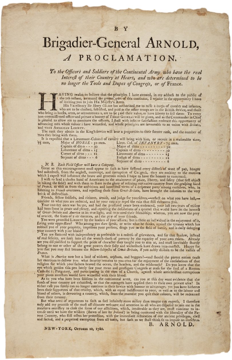Proclamação a oficiais e soldados do Exército Continental, 20 de outubro de 1780 de British School