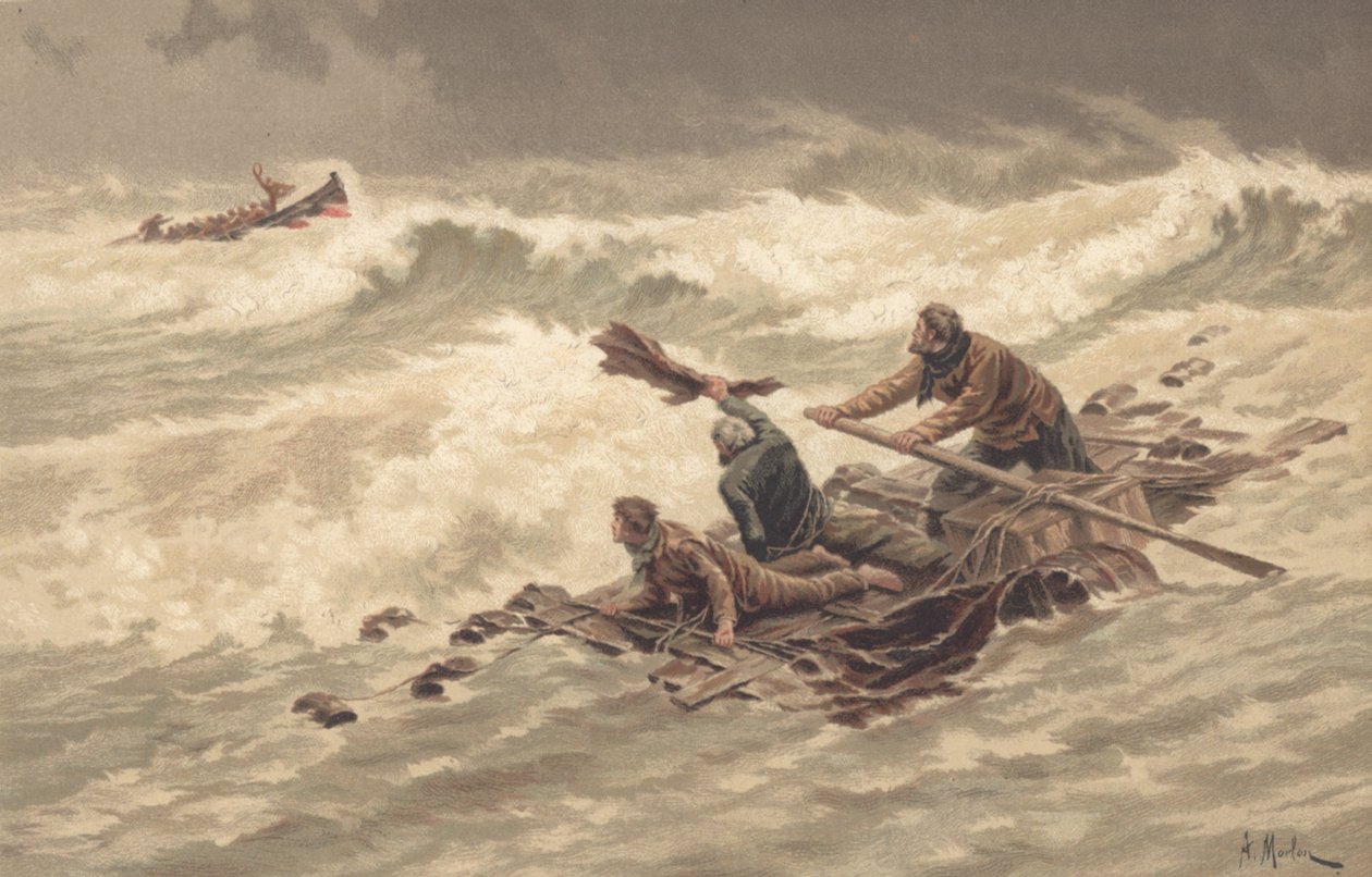 Marinheiros agarram-se aos destroços no mar (cor litho) de British School