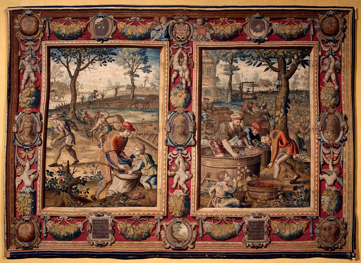 setembro e outubro: "trabalho agrícola e colheita" Tapeçaria das manufacturas de Mortlake. Século XVII Genes, Musei di Strada Nuova de British School