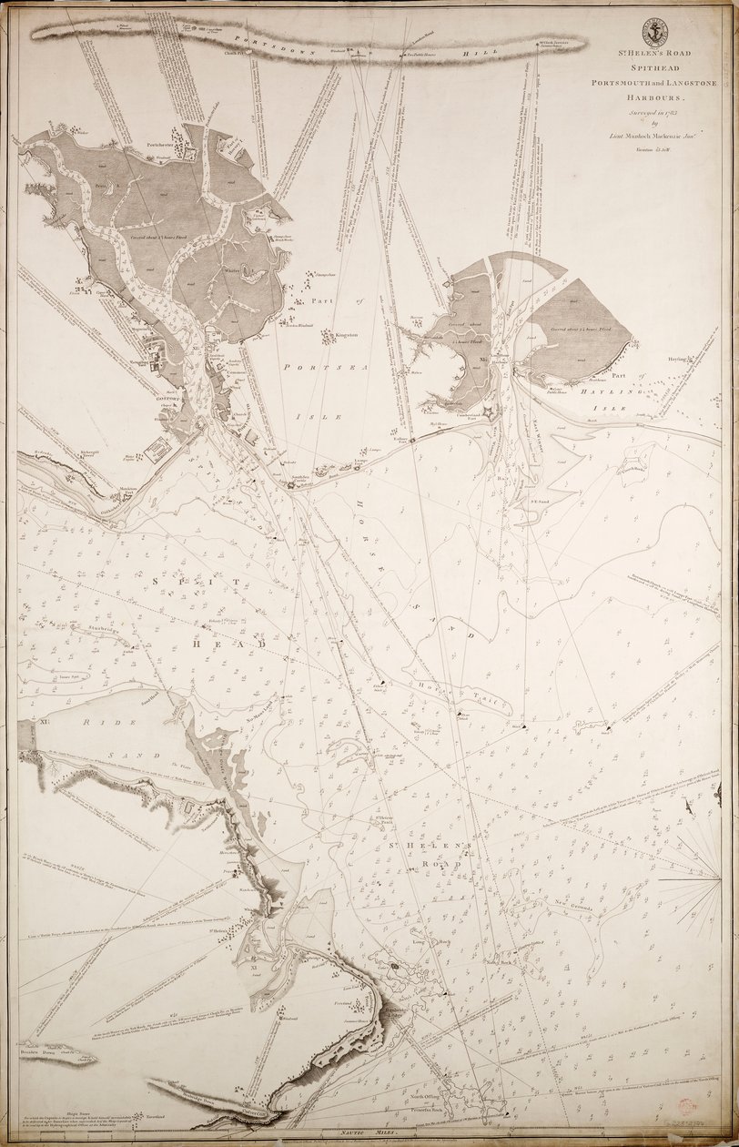 Estrada de Santa Helena, Spithead, portos de Portsmouth e Langstone. Levantamento efectuado em 1783 pelo tenente Murdoch Mackenzie Junior. de British School
