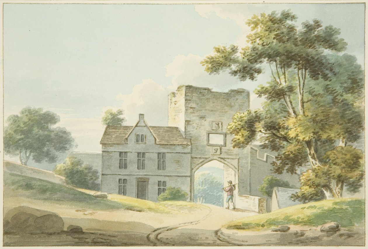 A Porta para a Leigh House dos Abades, onde Carlos II se refugiou após a Batalha de Worcester (lápis e aguarela sobre papel) de British School