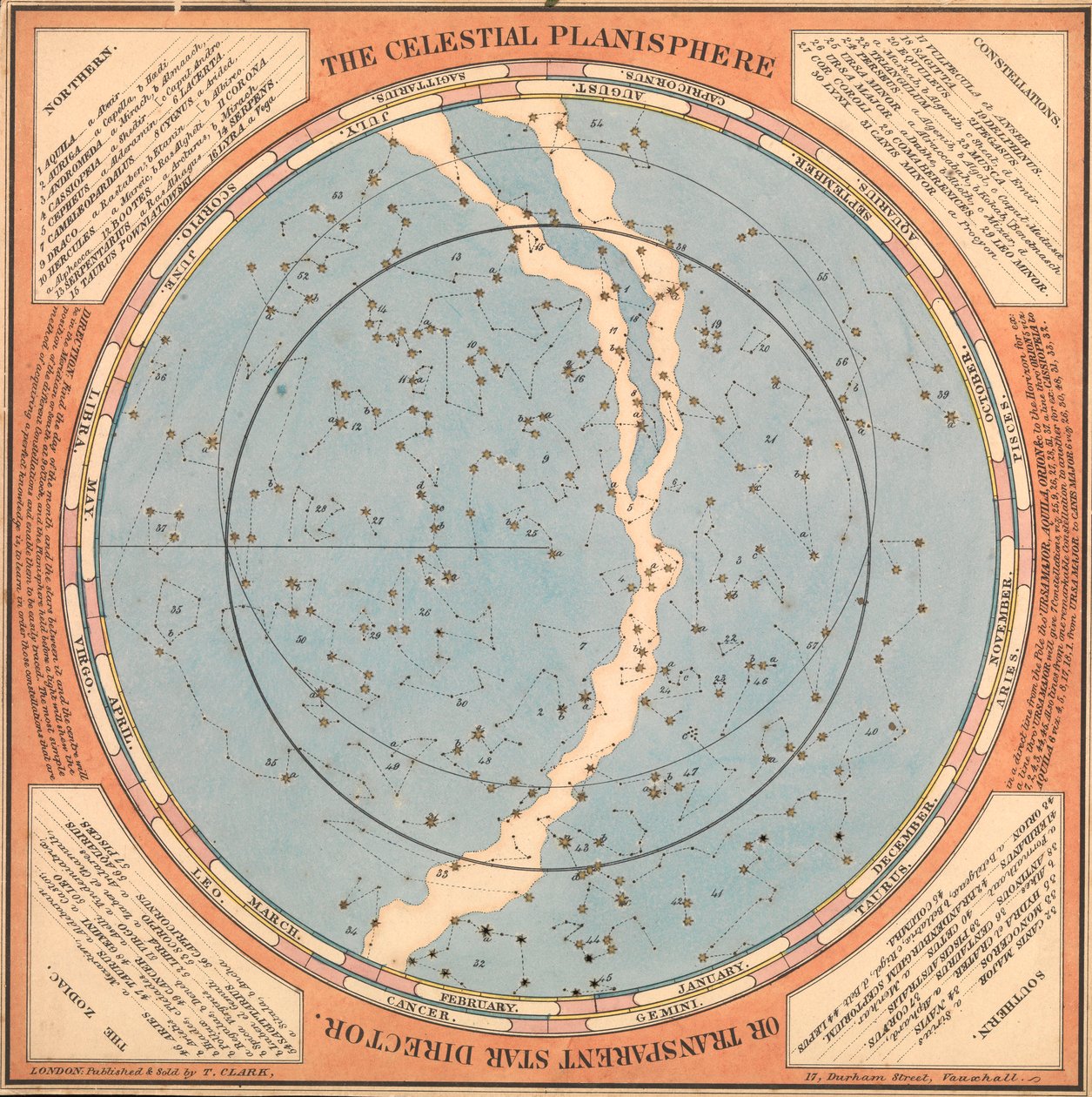 O planisfério celeste ou diretor de estrelas transparente, c.1850 (cartão, papel, tecido) de British School