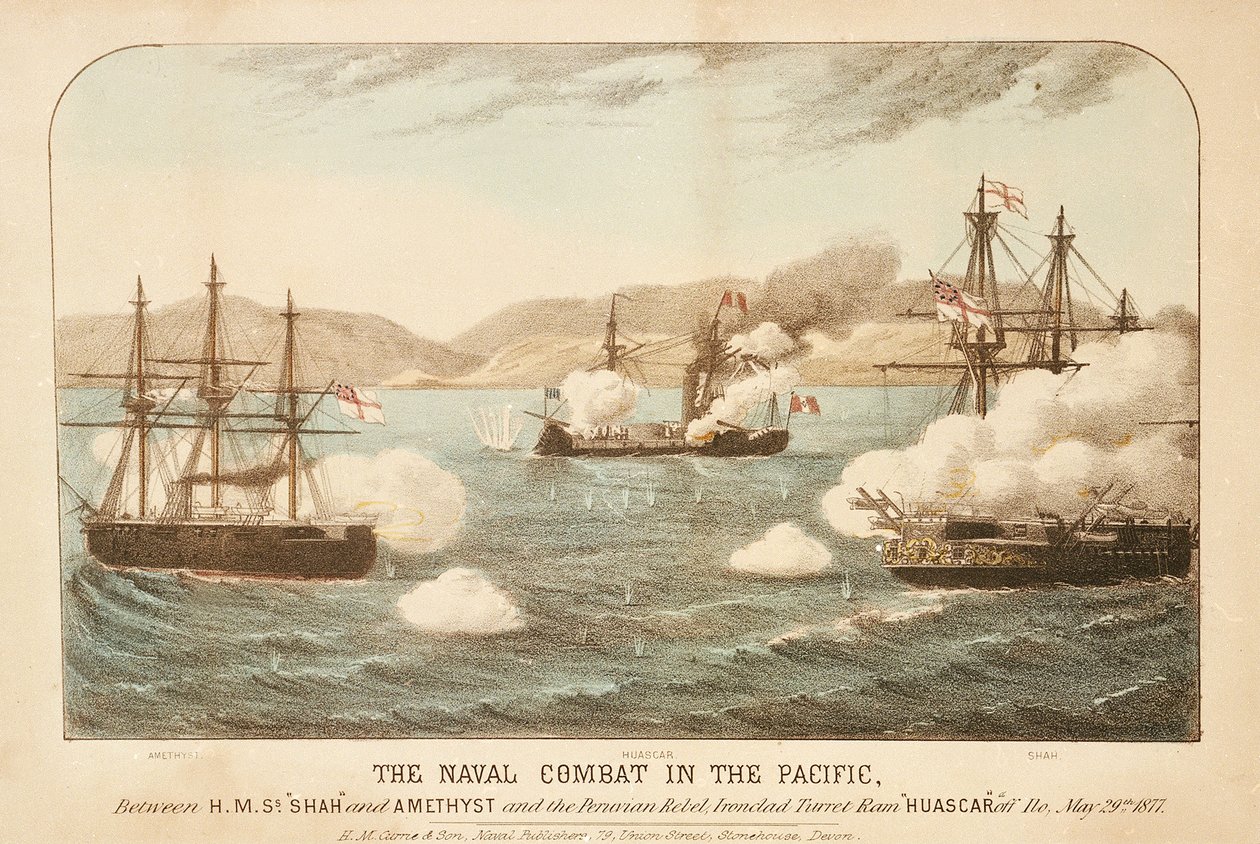 O combate naval no Pacífico, entre os HMS "Shah" e "Amethyst" e o Rebelde peruano, Ironclad Turret Ram Huascar ao largo de Ilo, 29 de maio de 1877 de British School