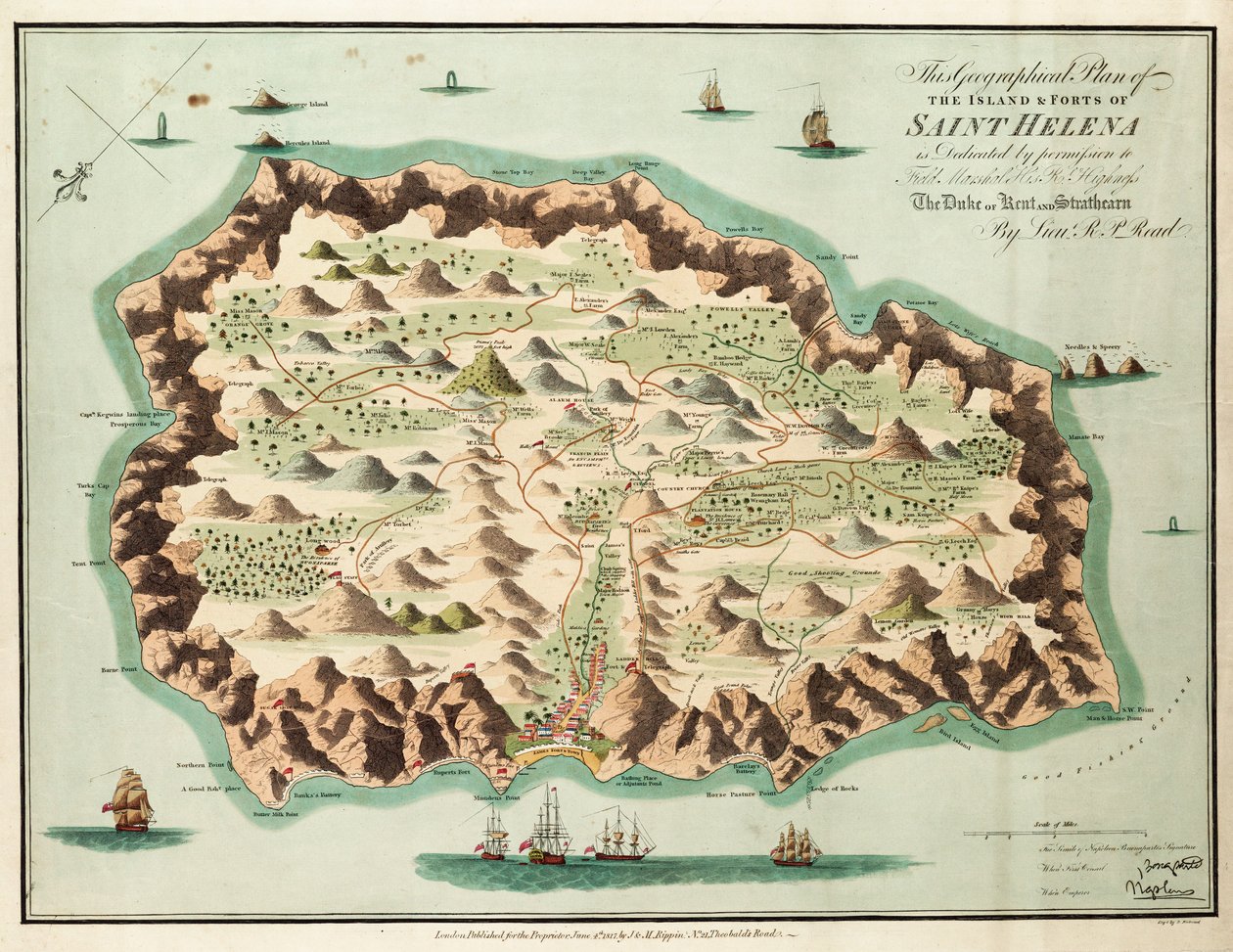 Esta planta geográfica da ilha de Santa Helena é dedicada, com a devida autorização, ao Marechal de Campo Sua Alteza Real o Duque de Kent e Strathearn de British School
