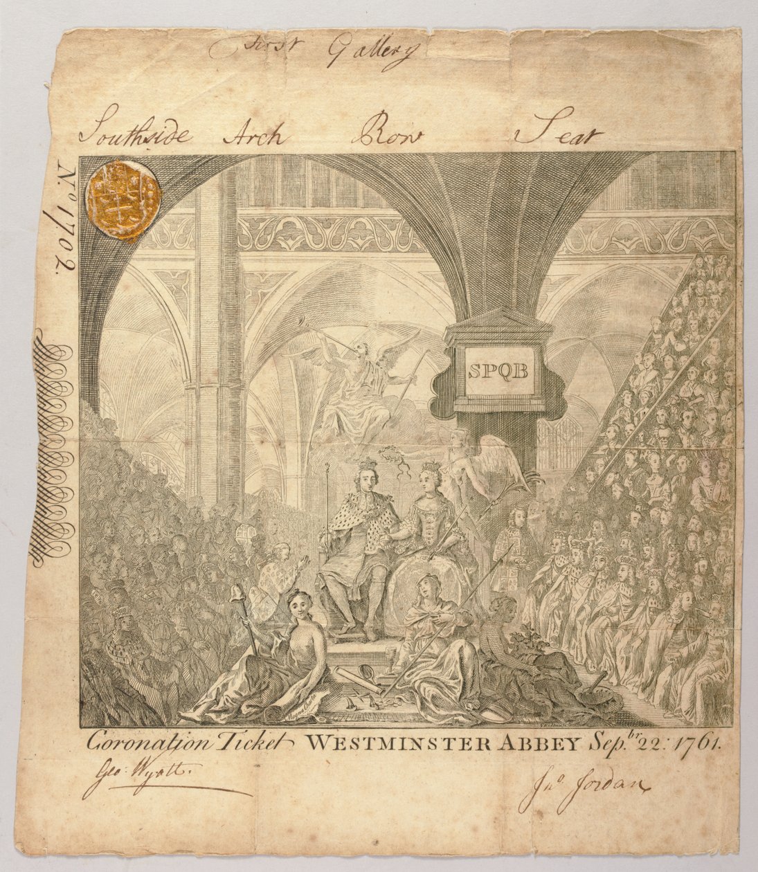 Ingresso para a cerimônia de coroação de Jorge III na Abadia de Westminster, gravada por George Bickham, 22 de setembro de 1761 (gravura) de British School
