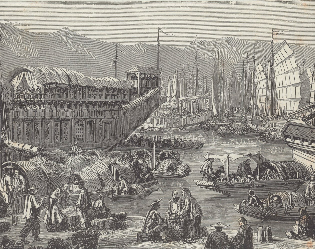 Navios no porto movimentado, Xangai, China (gravura) de British School