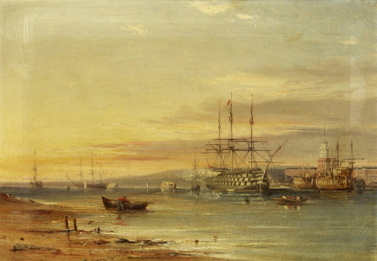 Vista do porto de Portsmouth, mostrando H.M.S. 
