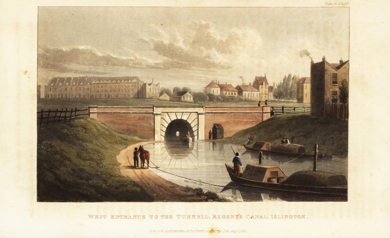 West Portal para Islington Tunnel, com um cavalo rebocando uma barcaça ao longo do Regent