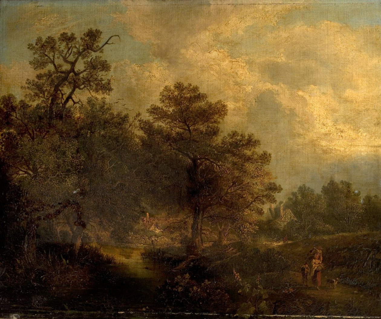 Cena da floresta com riacho e chalés (óleo sobre tela) de British School