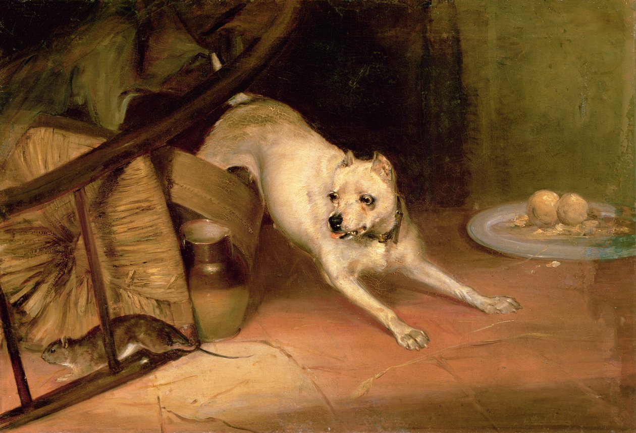 Cachorro perseguindo um rato de Briton Riviere