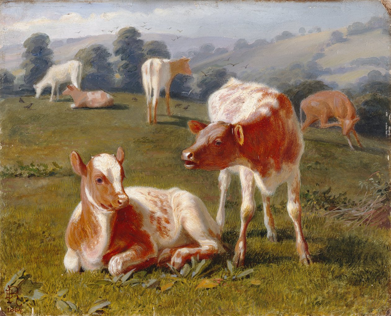 Bezerros num prado (óleo sobre cartão) de Briton Riviere