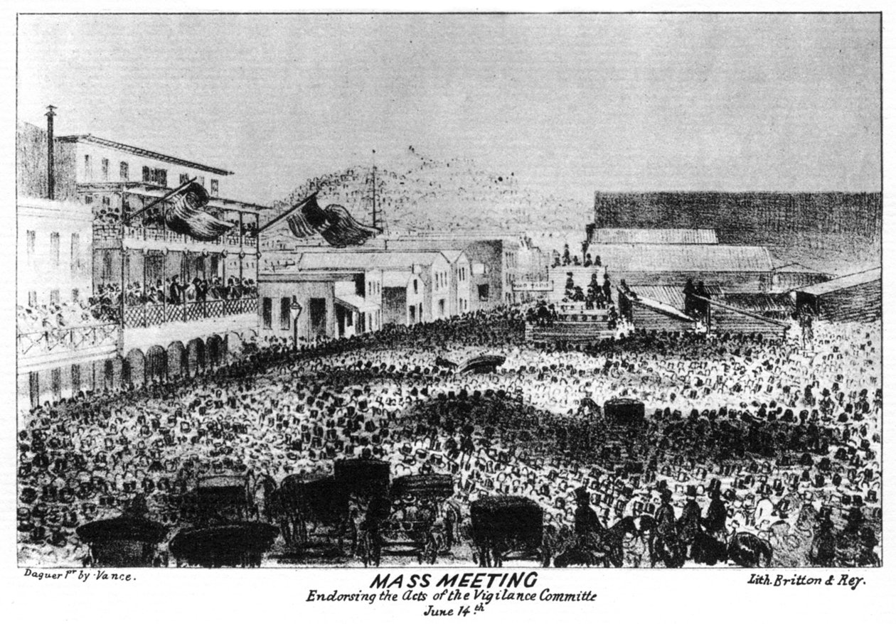 Uma reunião em massa fora de Fort Vigilant, Sacramento, Califórnia, 1856 1937. de Britton and Rey