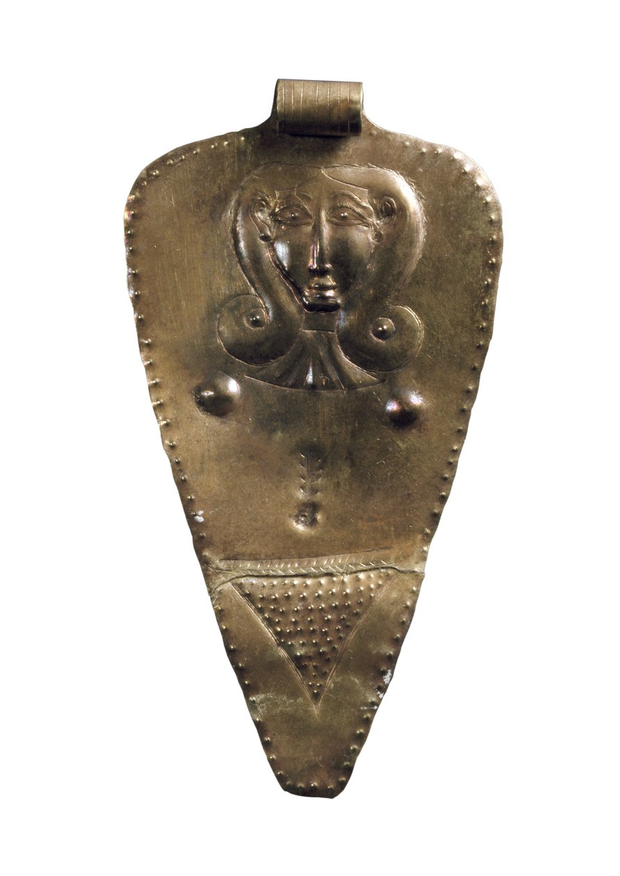 Pingente de placa deusa mãe ouro, ouro médio da idade do Bronze II de Bronze Age