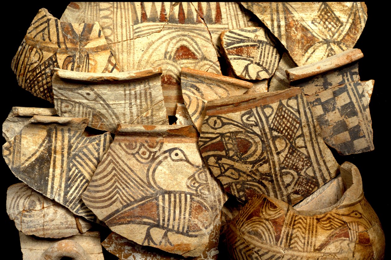 Cerâmica filistéia decorada com desenhos de cores típicas de peixes e pássaros, de Tel Kasil, Israel, c.1099-900 aC (cerâmica) de Bronze Age