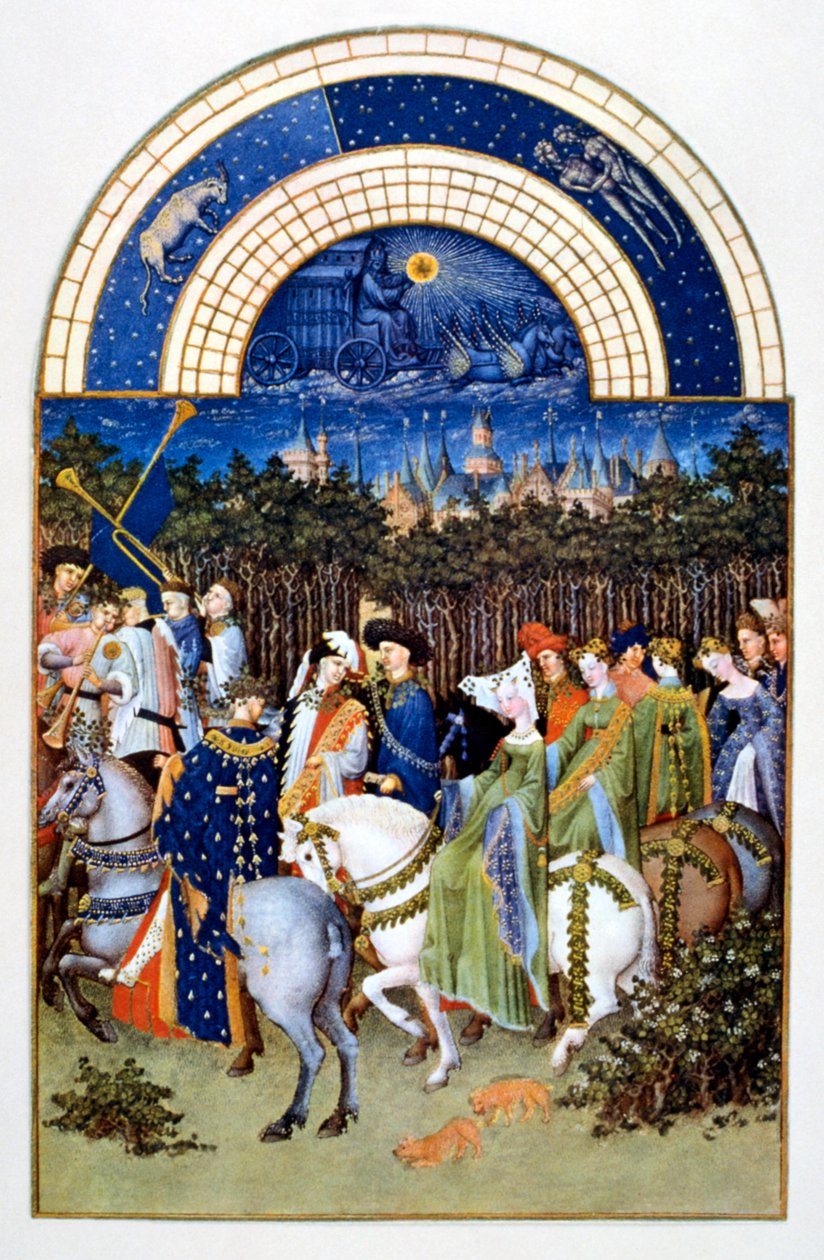"maio" de "Les Très Riches Heures du Duc de Berry" ("As horas muito ricas do duque de Berry") de Brothers Limbourg