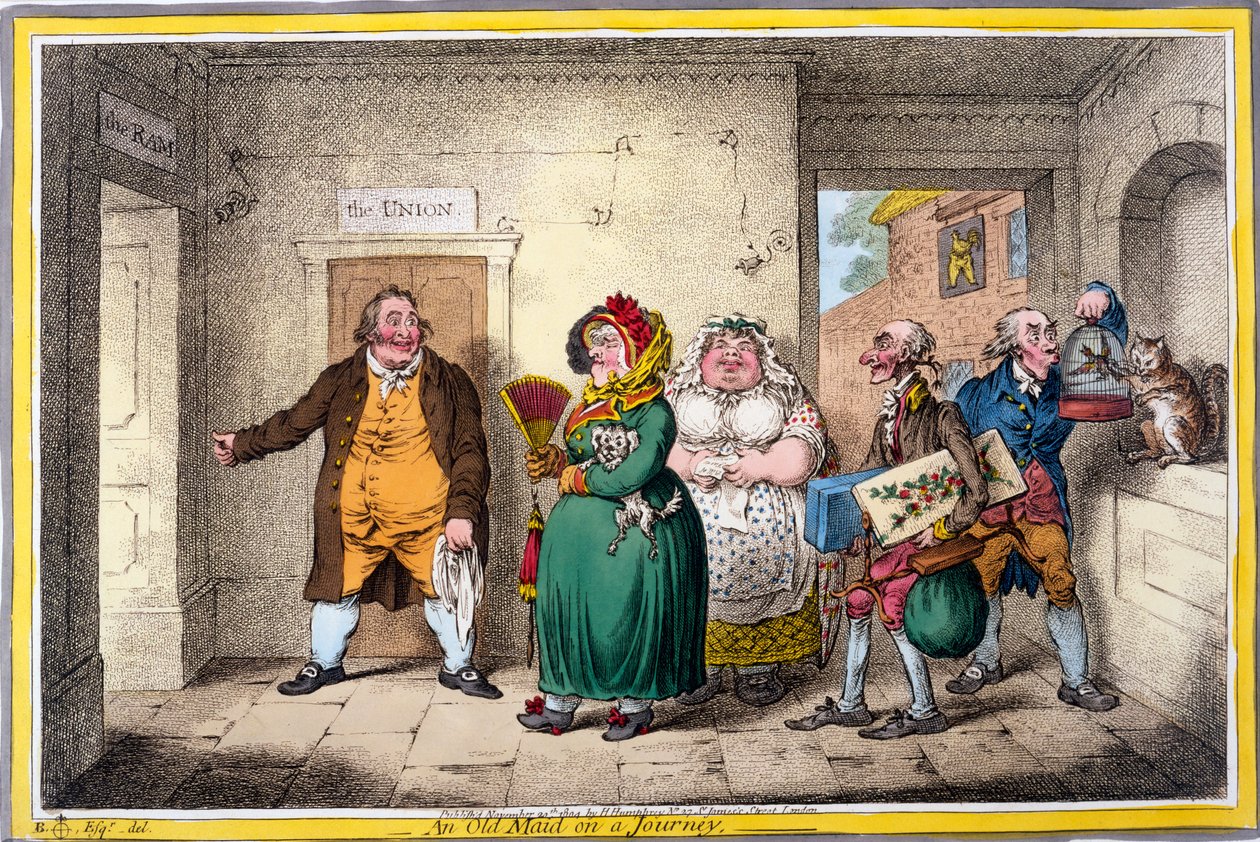 Uma velha empregada em uma viagem, impressão feita por James Gillray, 1804 (gravura colorida à mão) de Brownlow North
