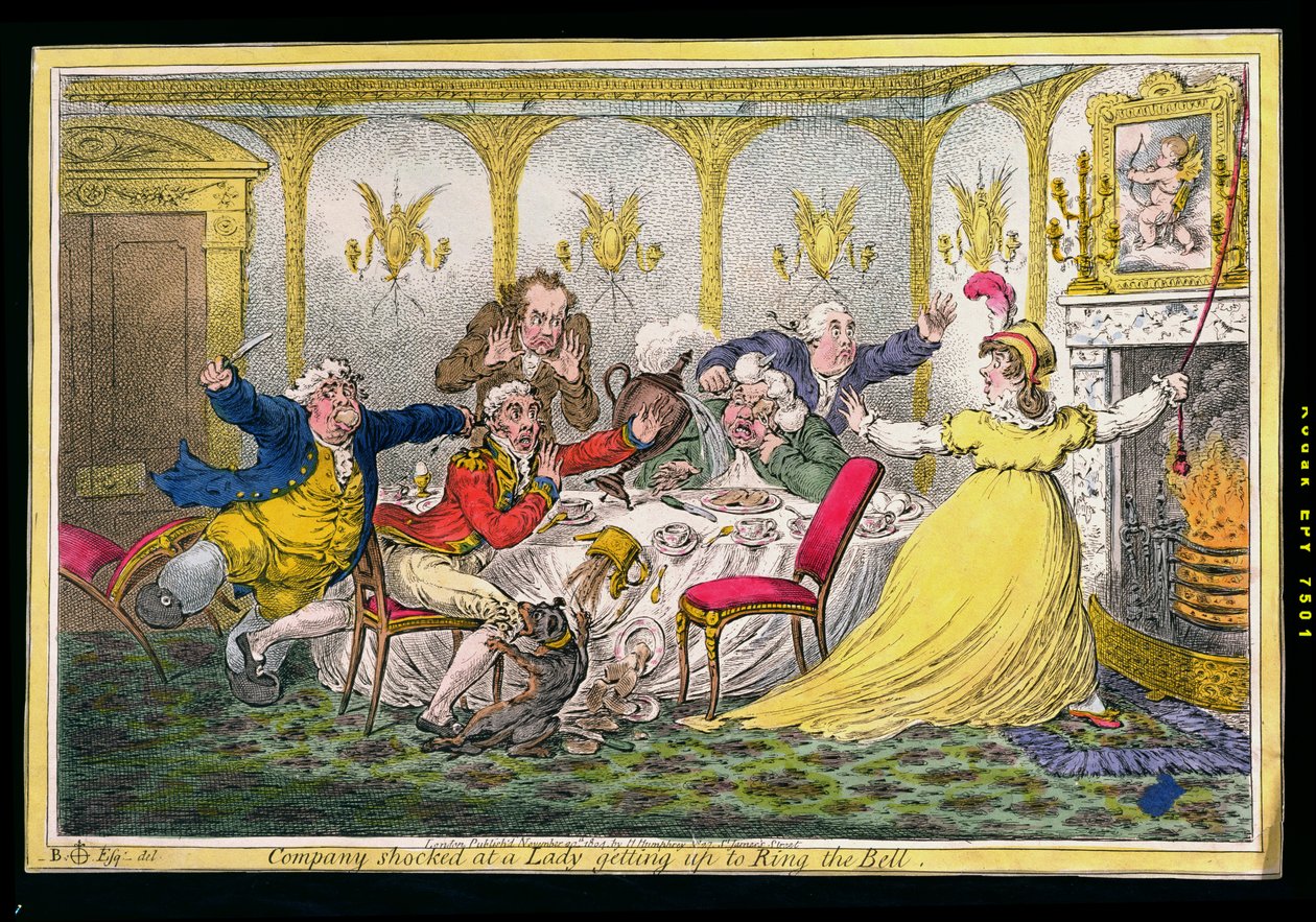 Companhia chocada com uma Lady levantando-se para tocar o sino, gravada por James Gillray (1756-1815), publicada por Hannah Humphrey em 1804 (gravura à mão colorida) de Brownlow North