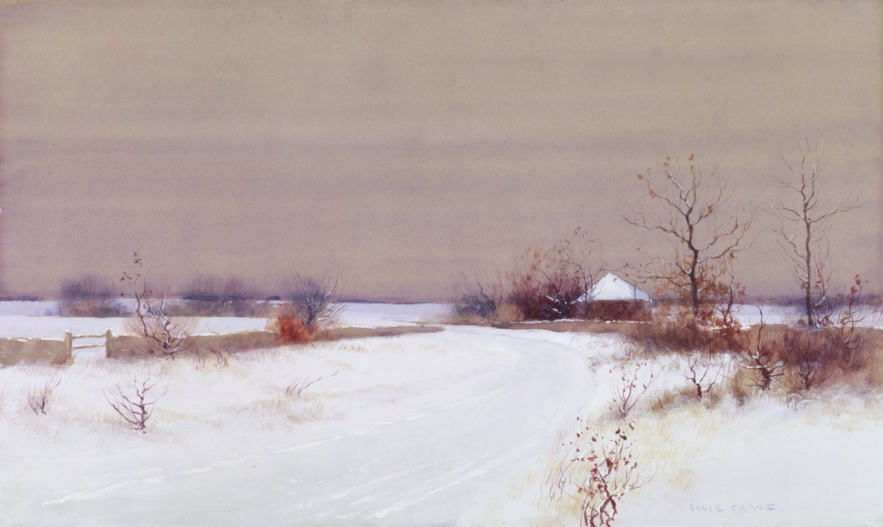 Cena da Neve no País, c.1890 (wc e guache sobre papel) de Bruce Crane