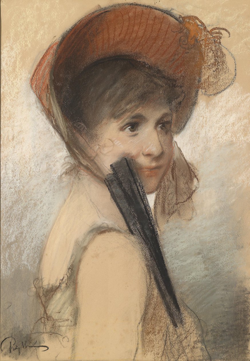 Retrato, de, um, menina, com, chapéu, e, ventilador de Bruno Piglhein