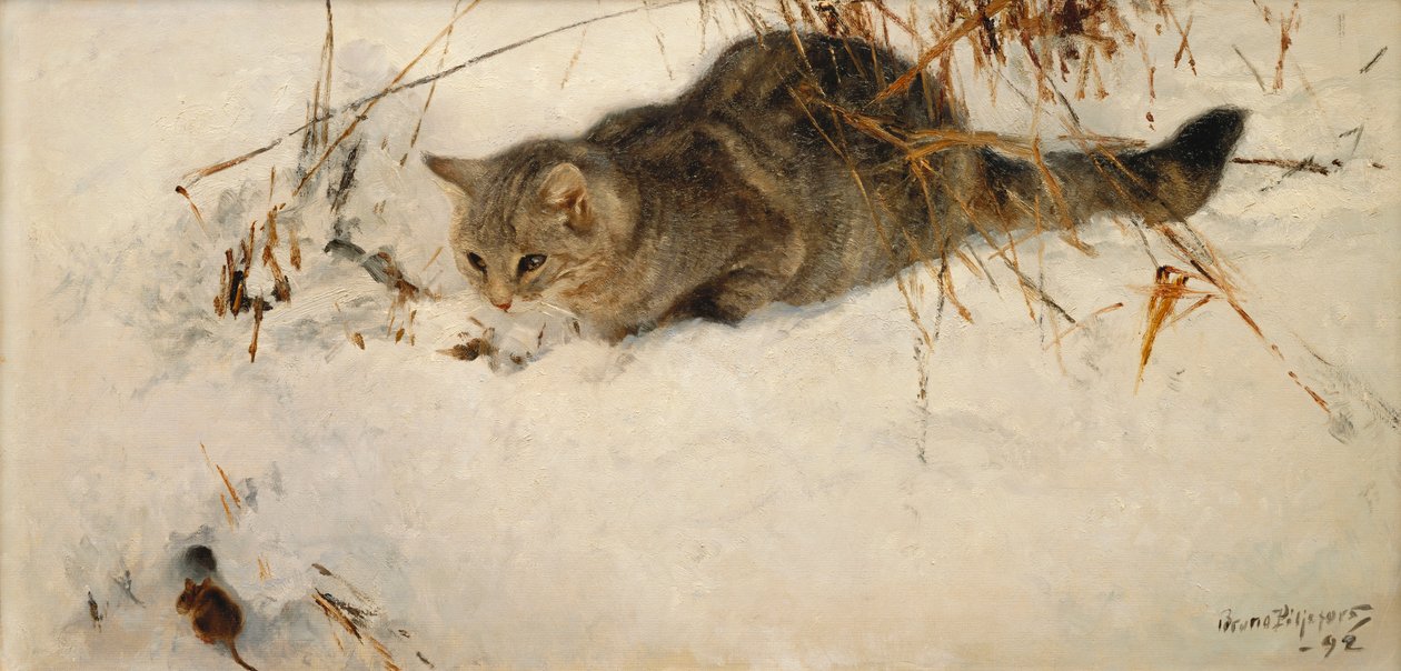 Um gato perseguindo um rato na neve de Bruno Andreas Liljefors