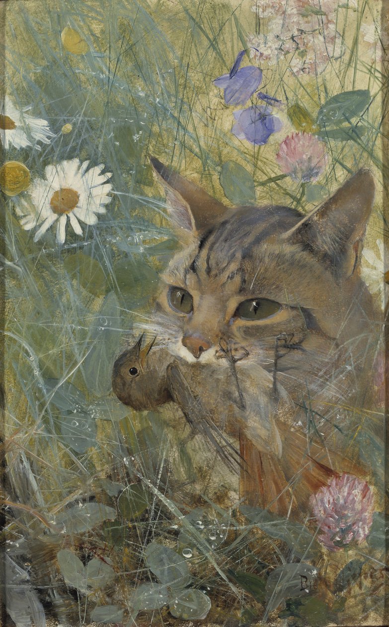 Um gato com um pássaro jovem em sua boca, 1885 de Bruno Andreas Liljefors