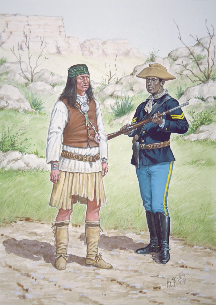 Um guerreiro apache Chiricahua e um cabo do 10º Regimento de Cavalaria dos EUA em 1886, de um conjunto de seis quadros de Bryan Fosten