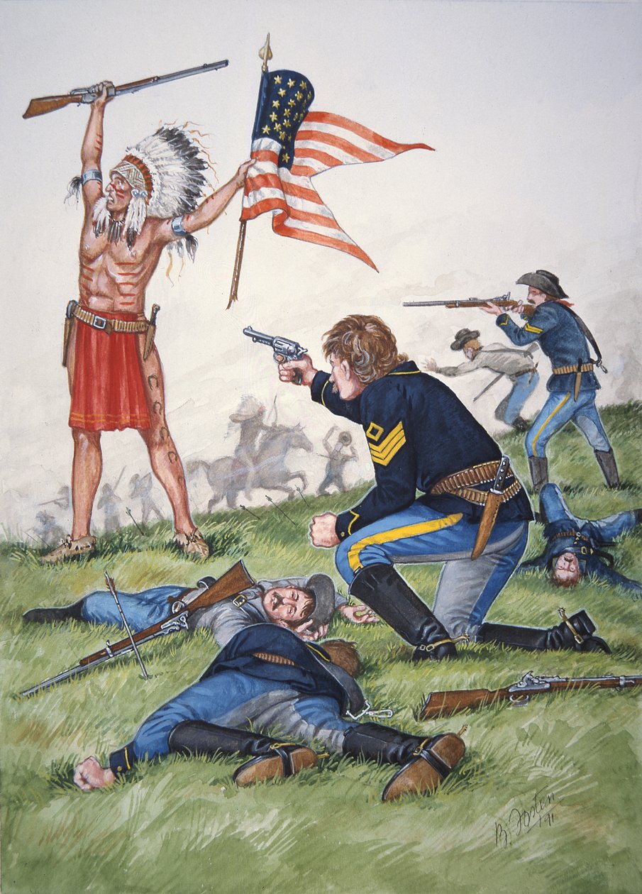 Um guerreiro Sioux contra o 7º Regimento de Cavalaria dos EUA na Batalha de Little Bighorn, 25 de junho de 1876, de um conjunto de seis quadros de Bryan Fosten