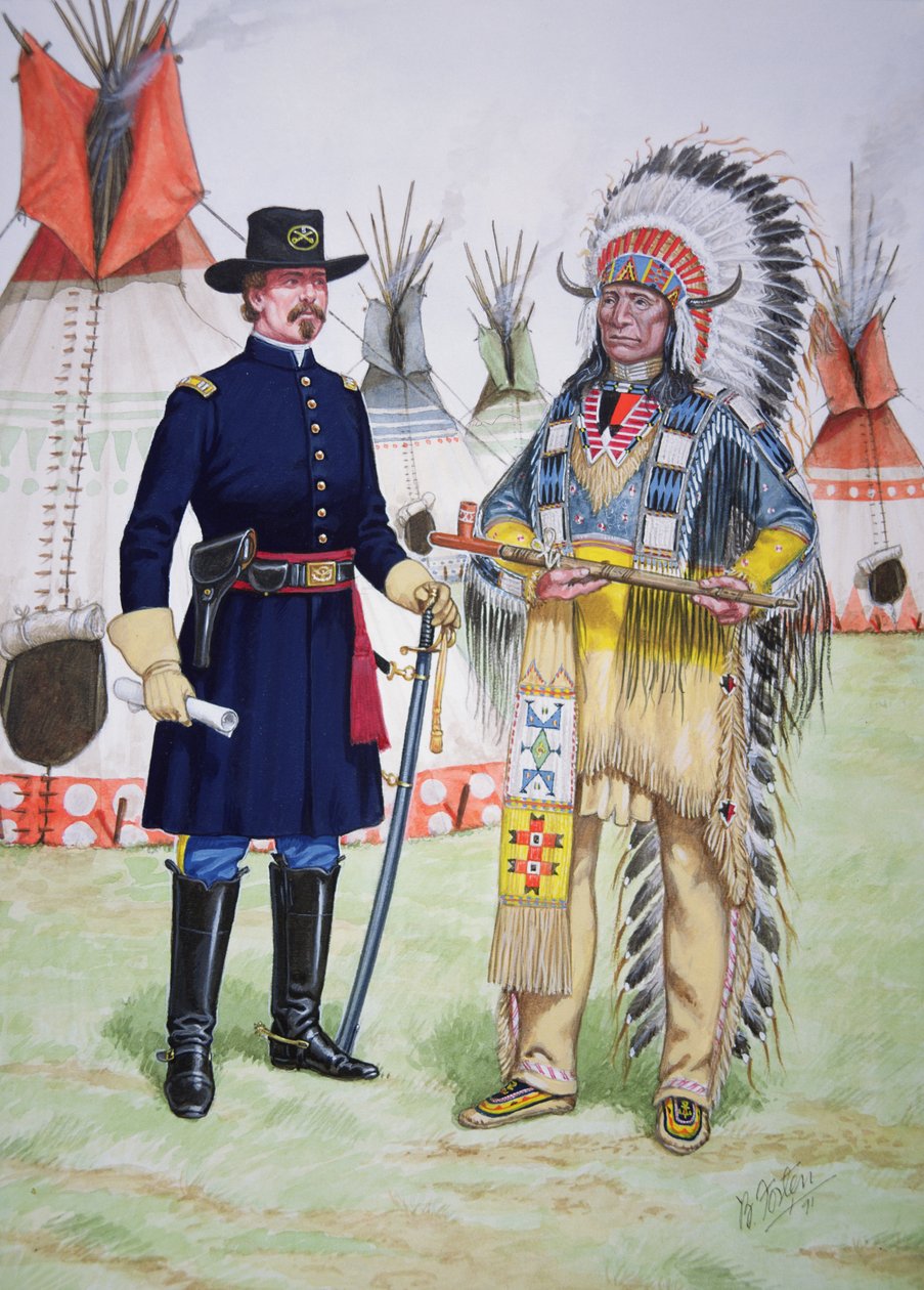 O chefe Red Cloud dos Oglala Sioux oferece o cachimbo da paz a um oficial do 5º Regimento de Cavalaria dos EUA aquando da assinatura do Tratado de Fort Laramie de 1868, de um conjunto de seis quadros de Bryan Fosten