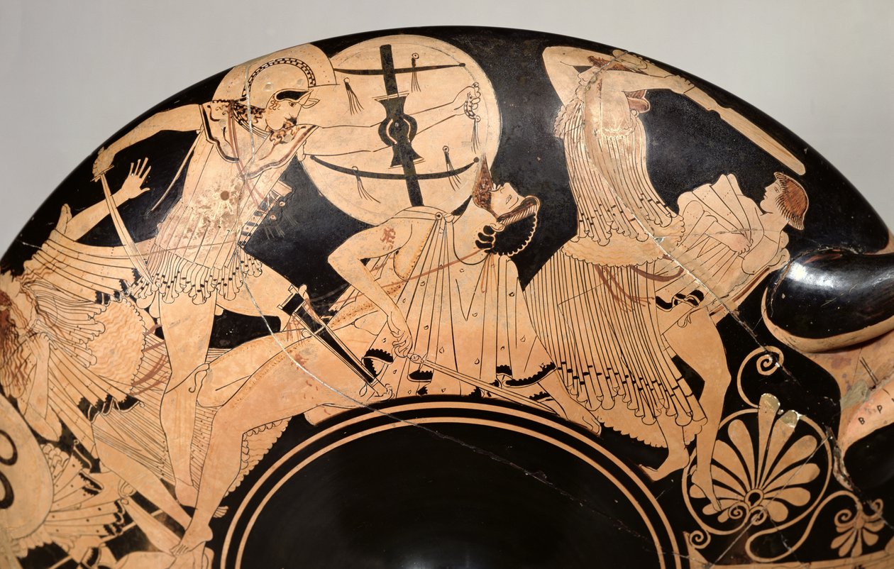 Copa ática de figuras vermelhas representando cenas da Guerra de Tróia, c.490 aC (cerâmica) (detalhe) de Brygos Painter