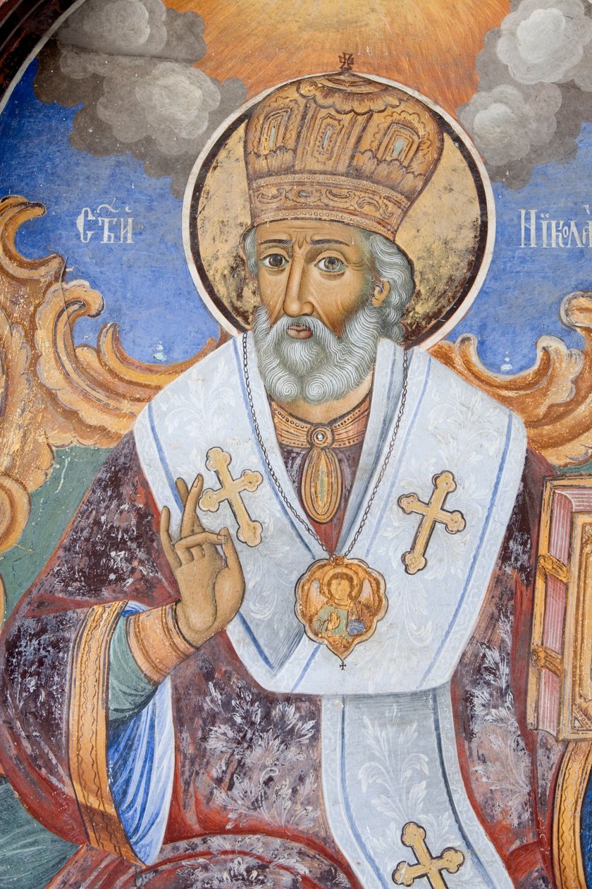 Bulgária, Mosteiro de Rila, fresco na igreja da Natividade da Virgem de Bulgarian School