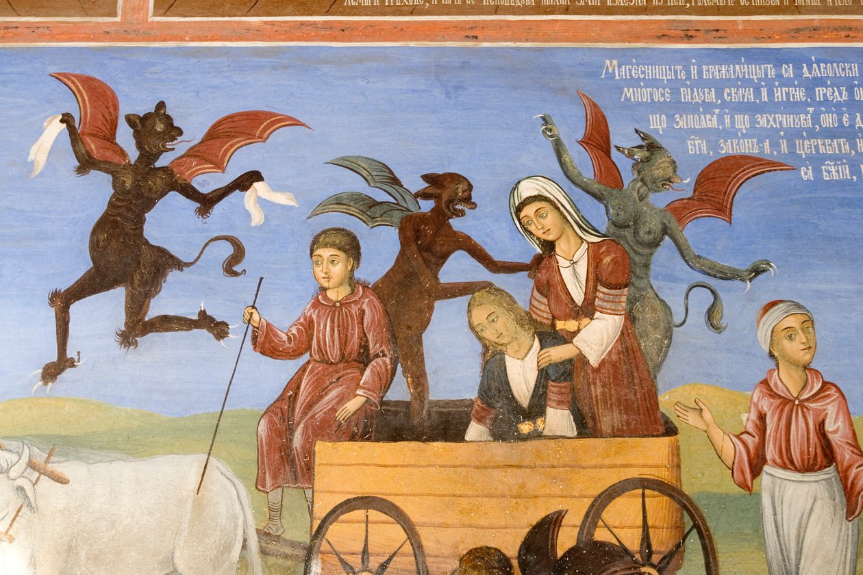 Bulgária, Mosteiro de Rila, fresco na igreja da Natividade da Virgem de Bulgarian School