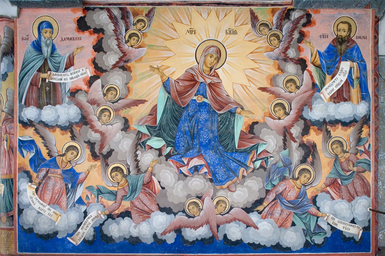 Bulgária, Mosteiro de Rila, fresco da Glória da Virgem na igreja da Natividade da Virgem de Bulgarian School