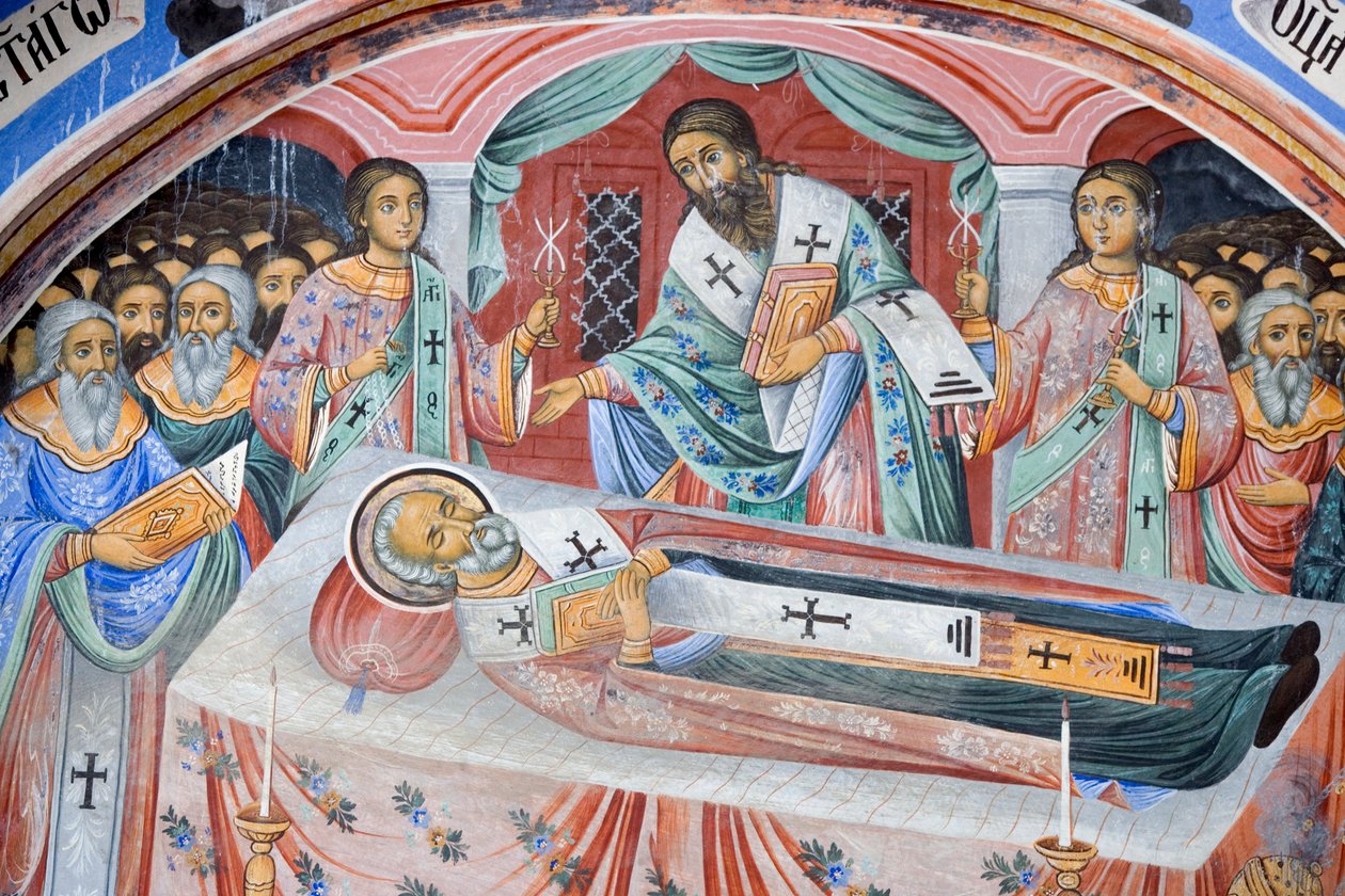 Bulgária, Mosteiro de Rila, fresco funerário na igreja da Natividade da Virgem de Bulgarian School
