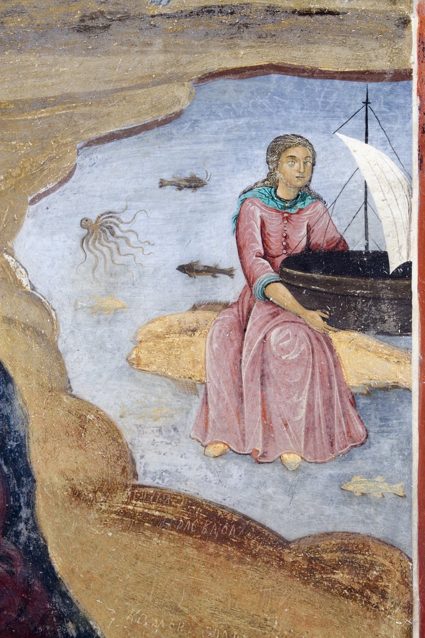 Bulgária, Montanhas de Rila, Mosteiro de Rila, pormenor de um fresco na Igreja da Natividade da Virgem de Bulgarian School