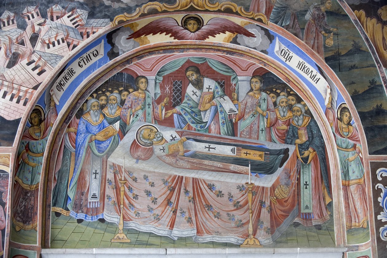 Bulgária, Montanhas de Rila, Mosteiro de Rila, pormenor do fresco na Igreja da Natividade da Virgem de Bulgarian School