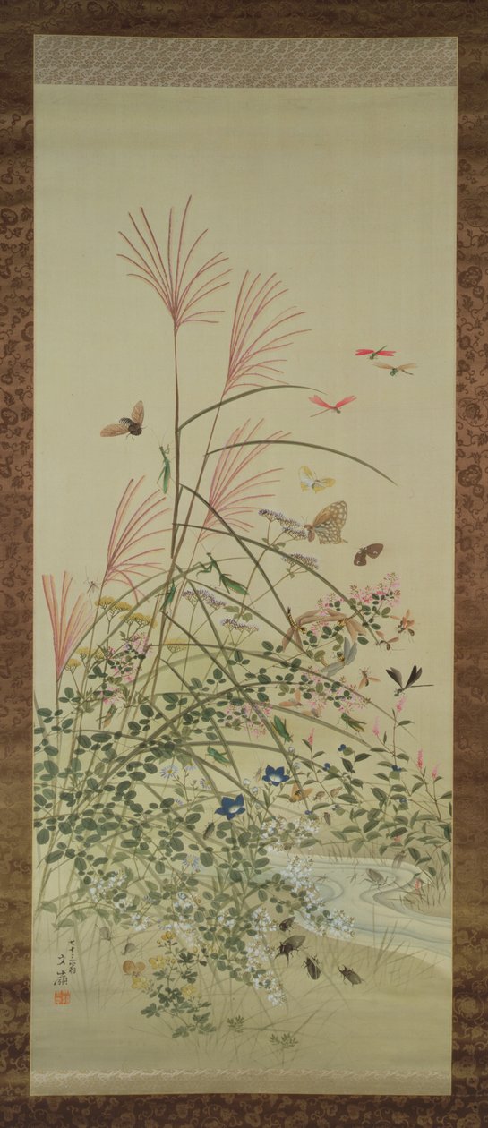 Flores de outono e insetos por um córrego, 1910 (tinta e cores na seda) de Bunrei Maekawa