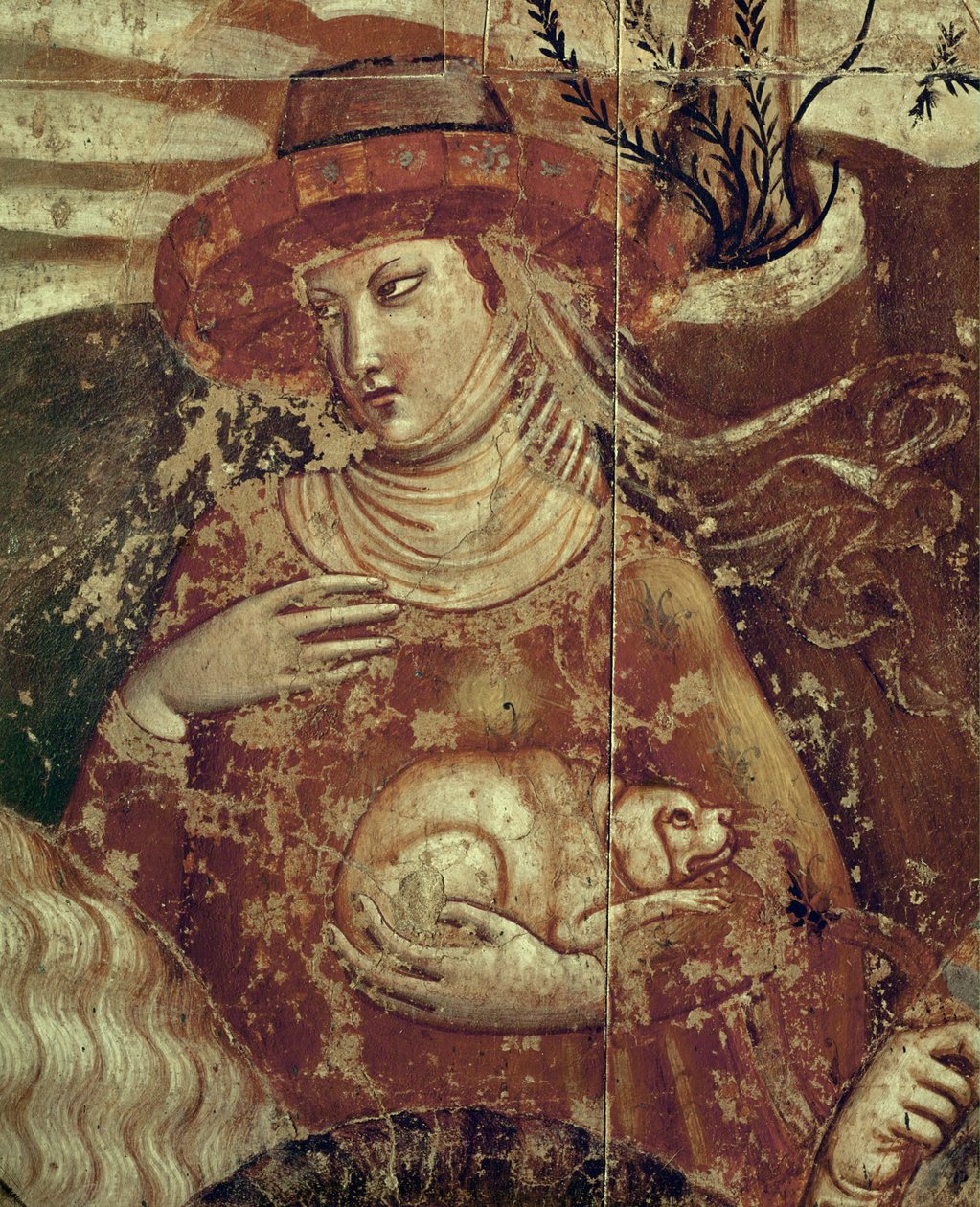 Uma senhora elegante com um pequeno cão nos braços ... (fresco) de Buonamico Buffalmacco