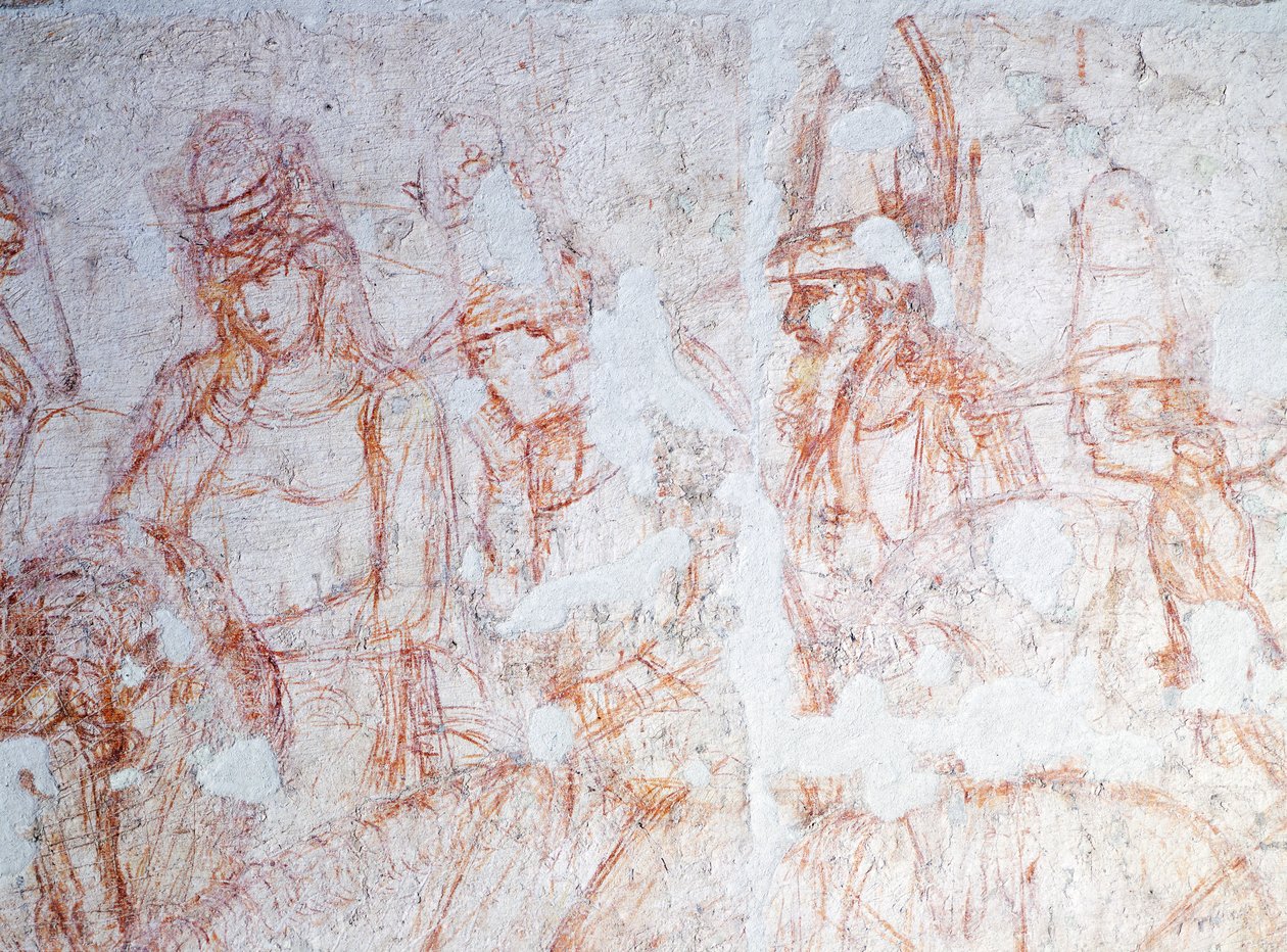 Figuras de cavaleiros, detalhe do Triunfo da Morte, de Bonamico Buffalmacco (activo na primeira metade do século XIV) de Buonamico Buffalmacco