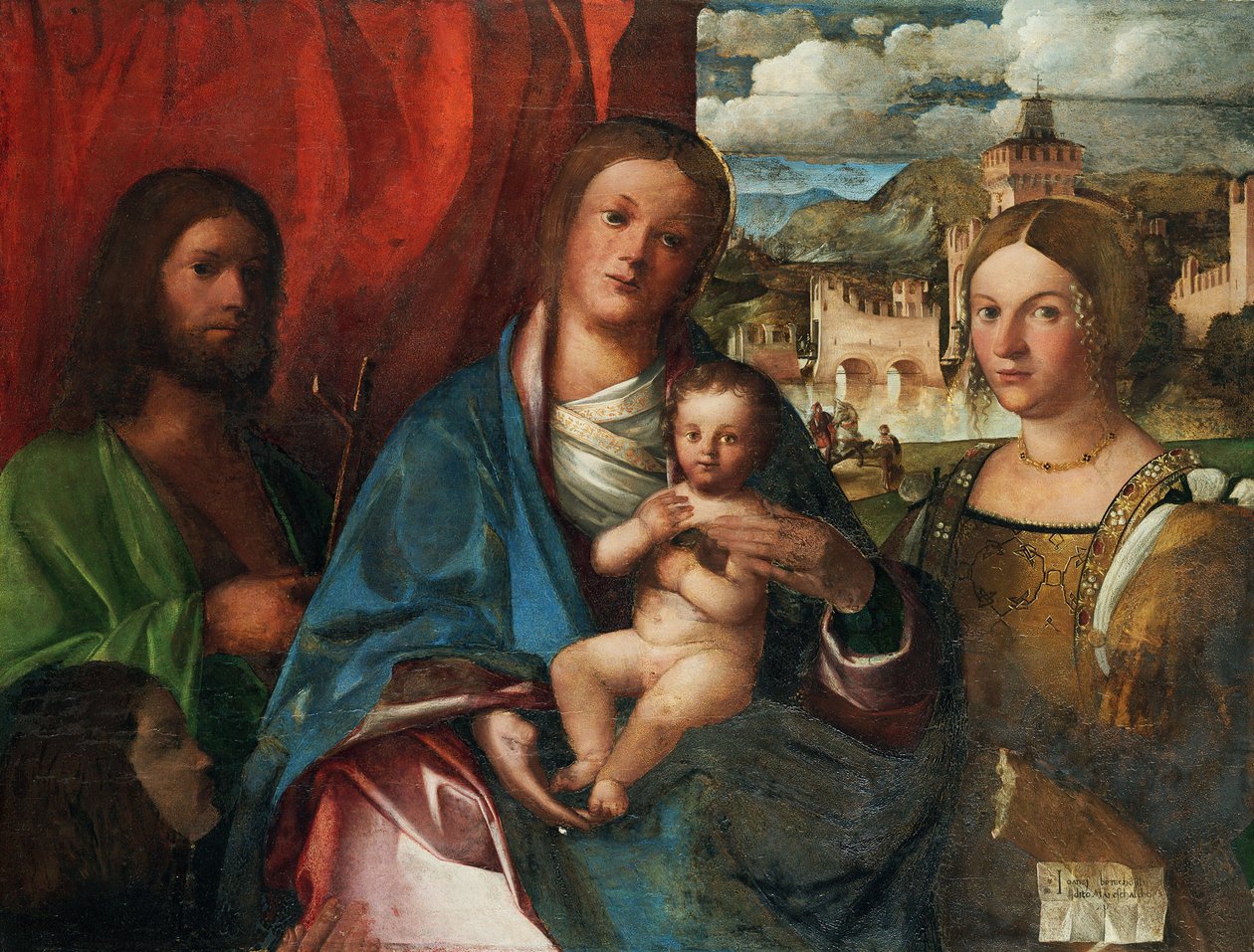 A Virgem e o Menino com os Santos João Batista, Catarina de Alexandria e o Doador, Início do 16º cen. de Buonconsiglio