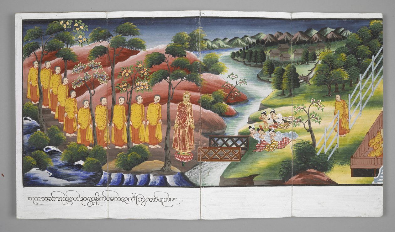 Ou. 13534, f.23 Monges que atravessam um rio, Cenas da Vida de Buda (pergaminho) de Burmese School