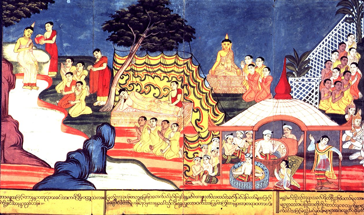 Ou 14298 fol.16-17 The Buddha Bathes, c.1800-20 (gouache em papel) de Burmese School