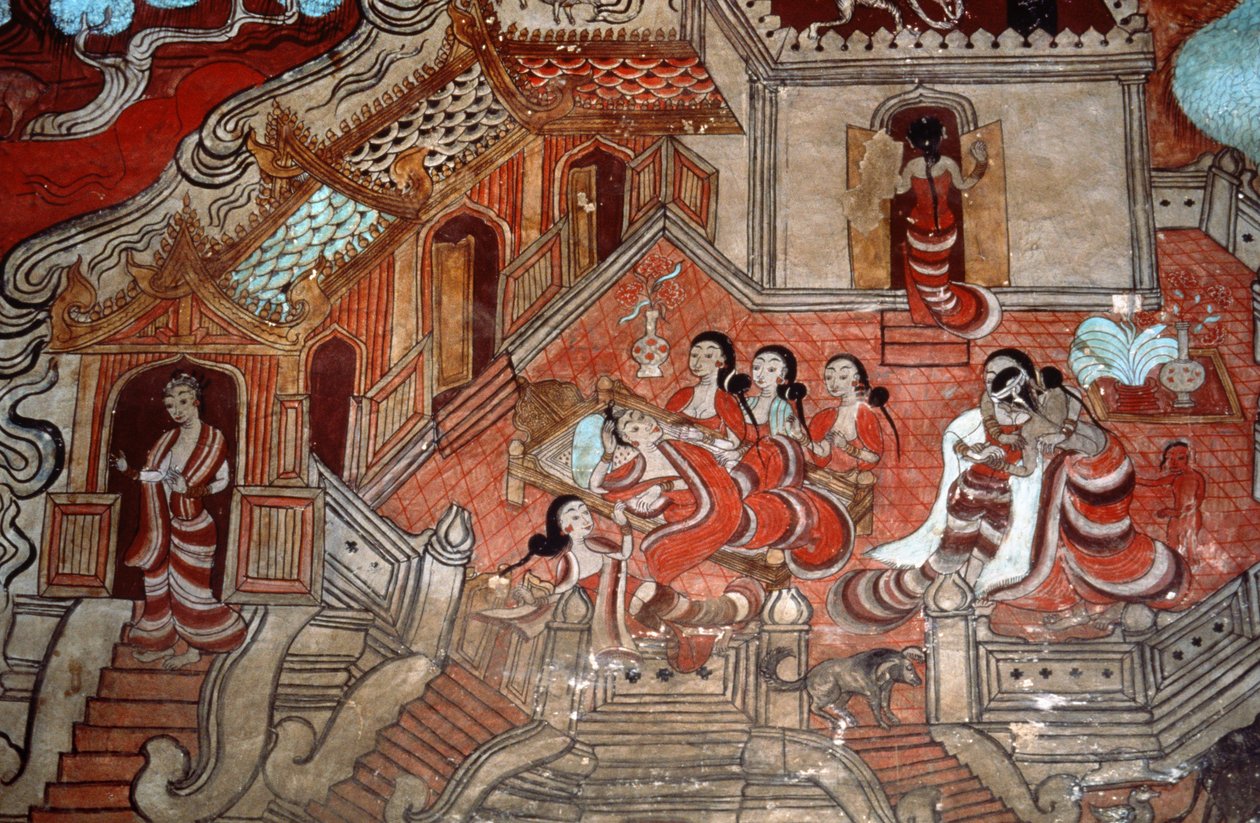 Cenas da vida de um Bodhisattva, 1776 (mural) de Burmese School